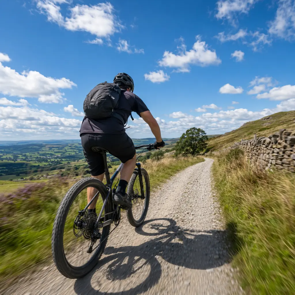 A hardtail mountain bike on a gravel trail under a bright blue sky.