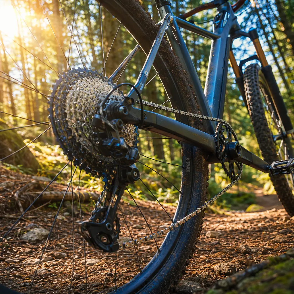 Close-up of a mountain bike drivetrain in warm woodland light.