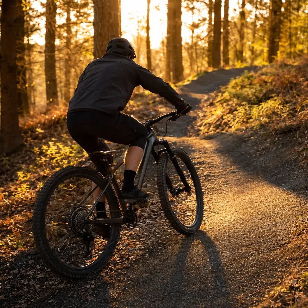A hardtail mountain bike being ridden on a sunlit UK trail centre path at golden hour.