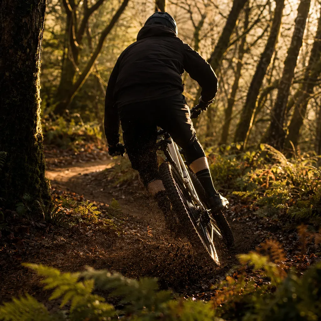 A full-suspension trail bike ridden through woodland in warm golden-hour light