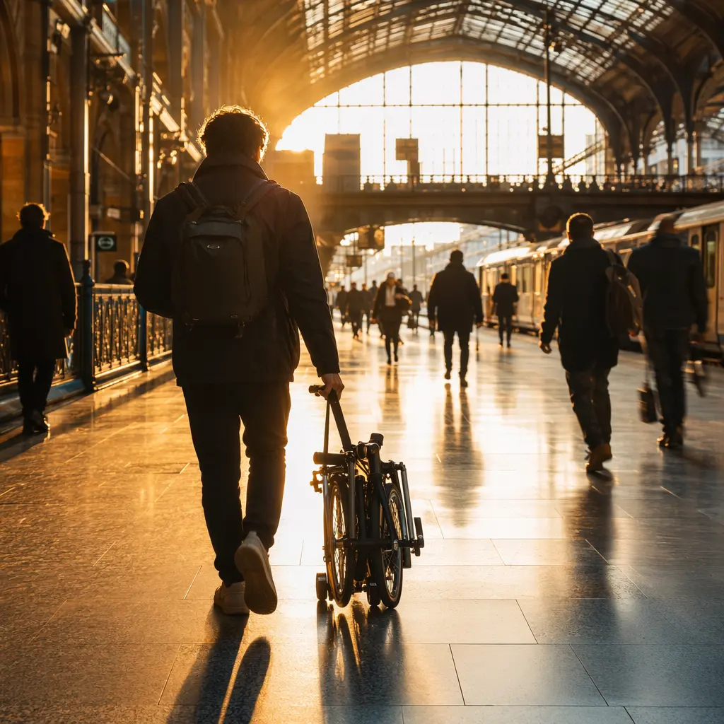 Folded bike being rolled through a sunlit station concourse
