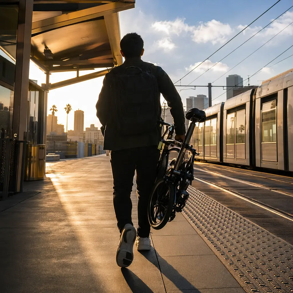 Silhouette of a commuter carrying a folding bike on a sunny train platform