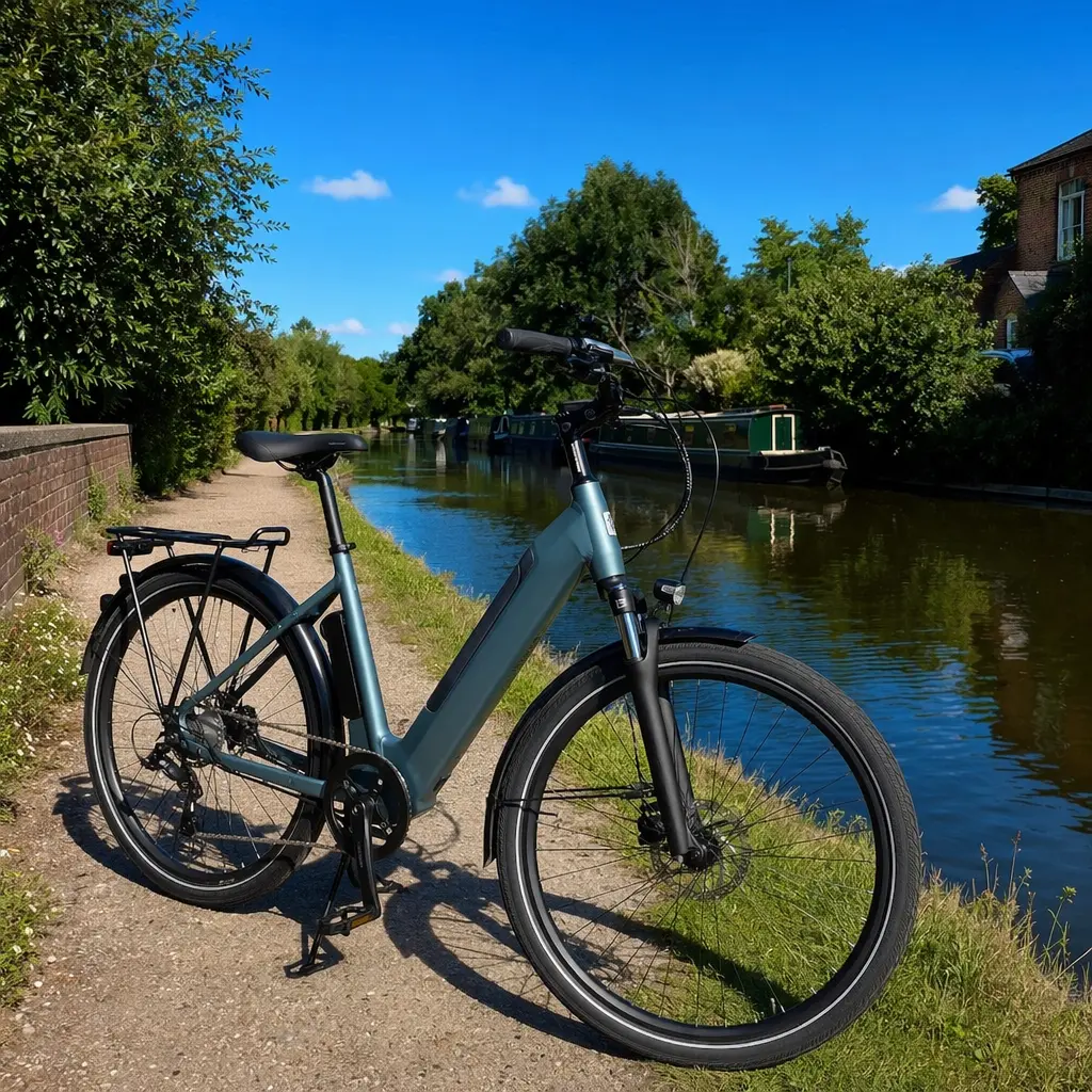 Step-through electric bike beside a sunny canal towpath