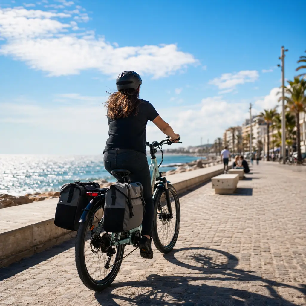 Step-through electric bike with panniers on a sunny seafront