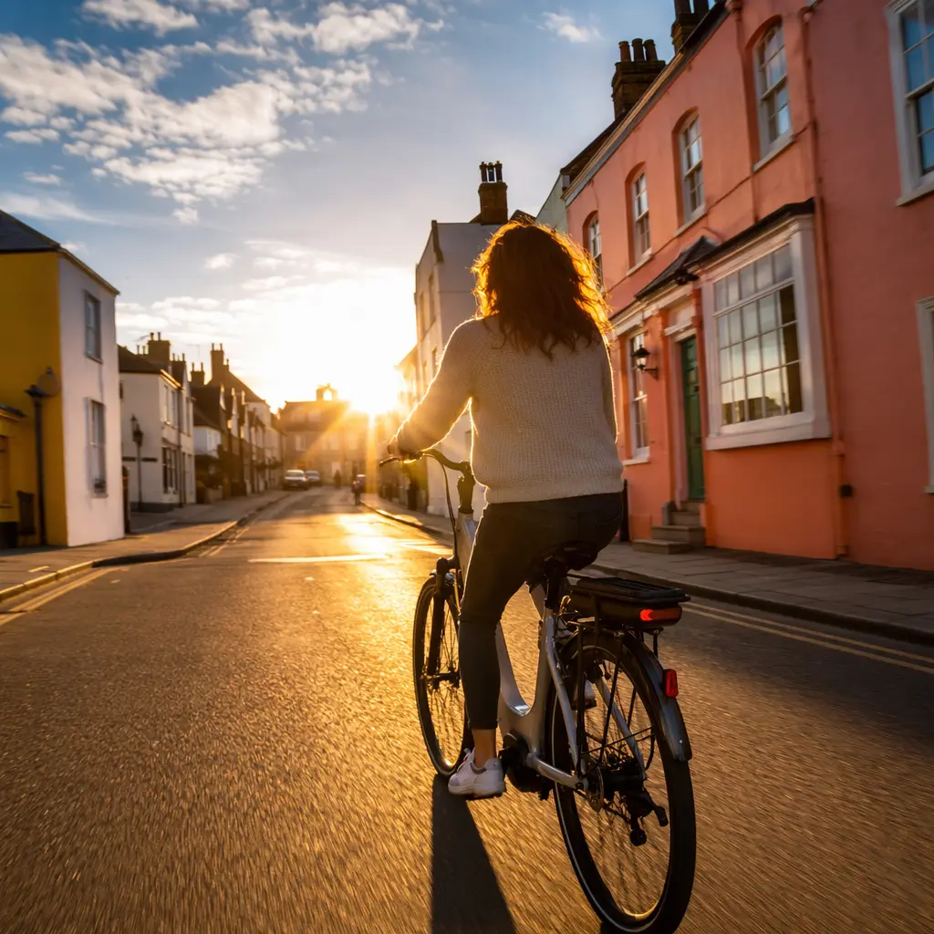 Step-through electric bike being ridden through a sunny UK town street