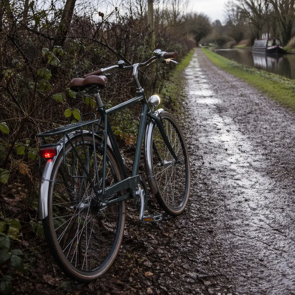 Winter-ready commuter bike beside a damp canal towpath