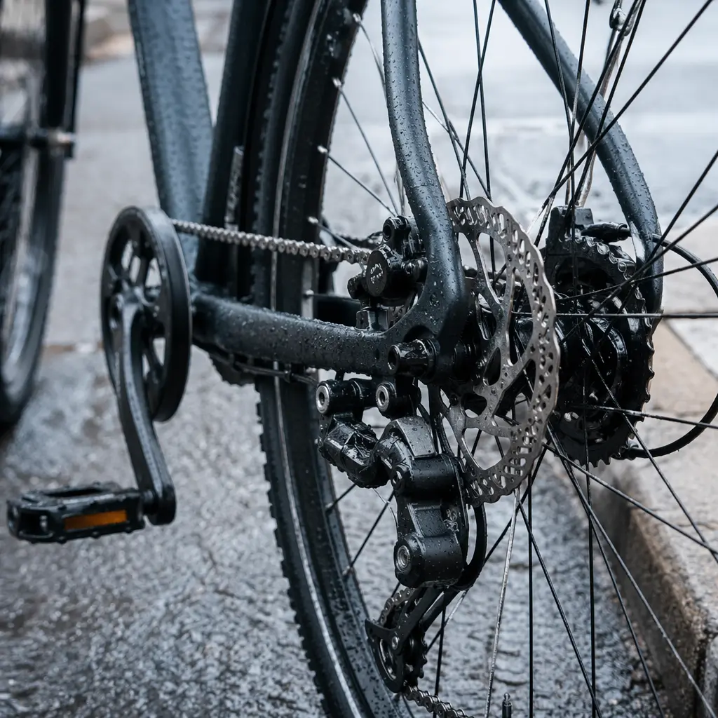 Close-up of disc brake and drivetrain on a wet winter commuter bike