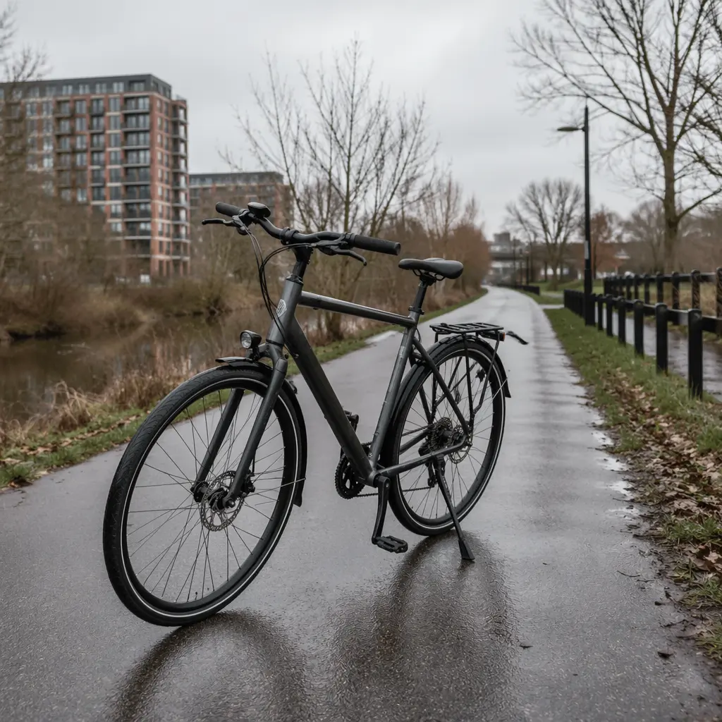 Commuter bicycle on a wet UK cycle path in winter conditions