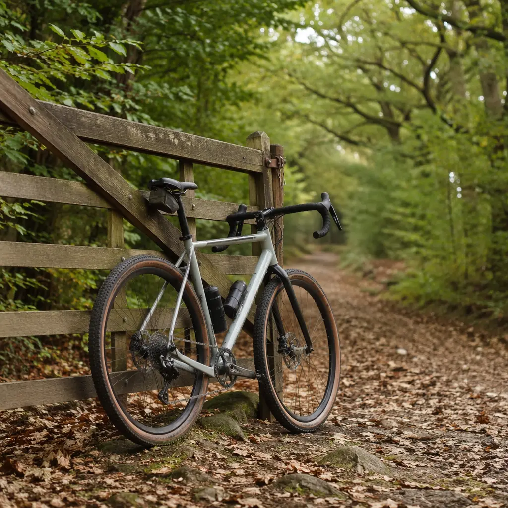 Gravel bike resting by a gate on a woodland trail