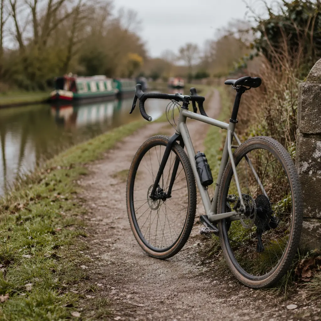 A modern gravel bike parked on a canal towpath in soft natural light