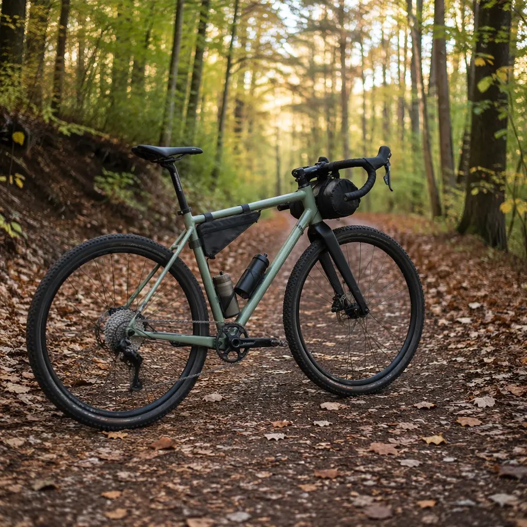 Gravel bike on a woodland trail with fallen leaves
