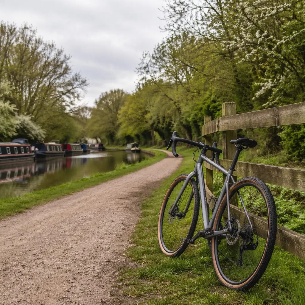 Entry-level gravel bike by a UK canal towpath in soft natural light