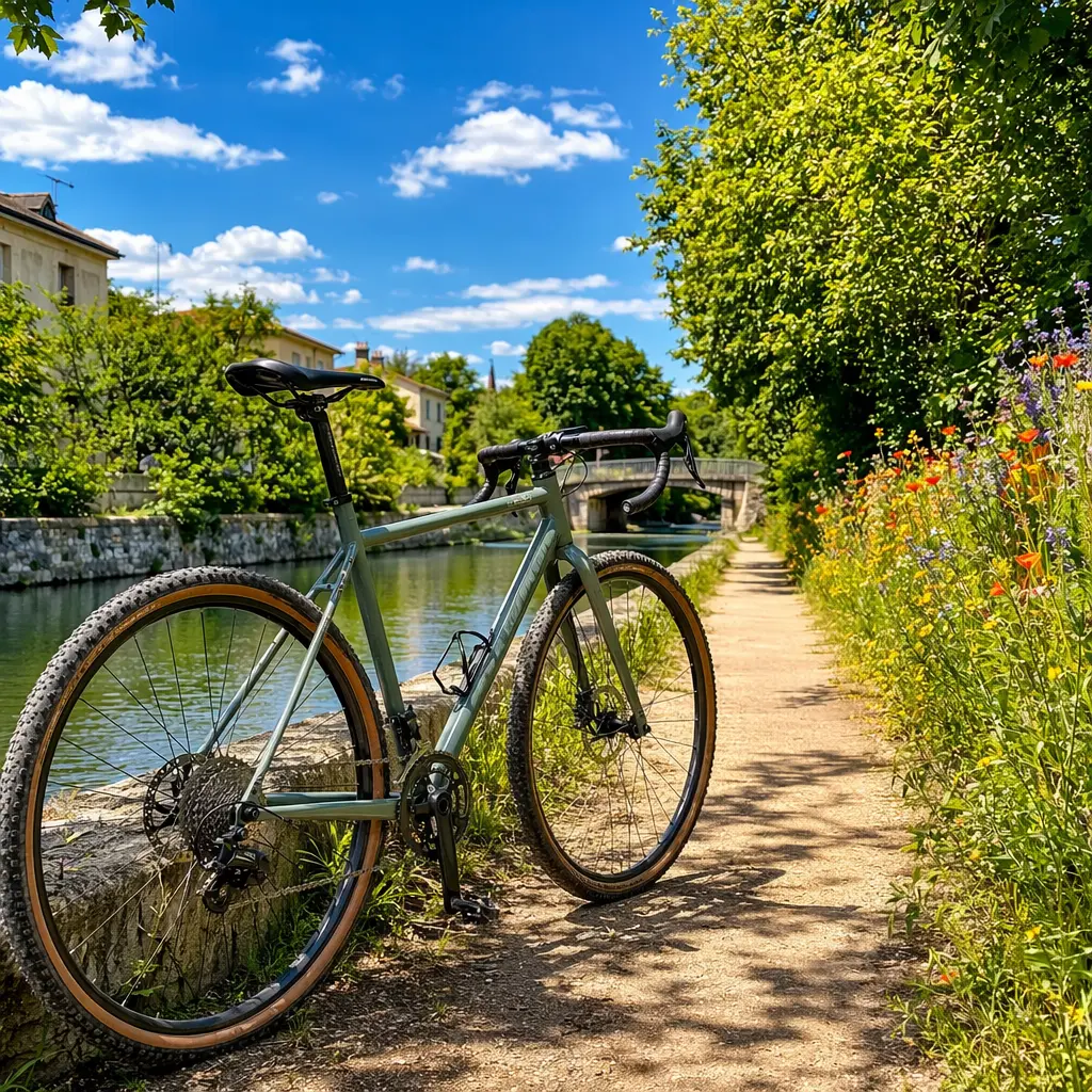 Entry-level gravel bike by a canal towpath in bright summer light