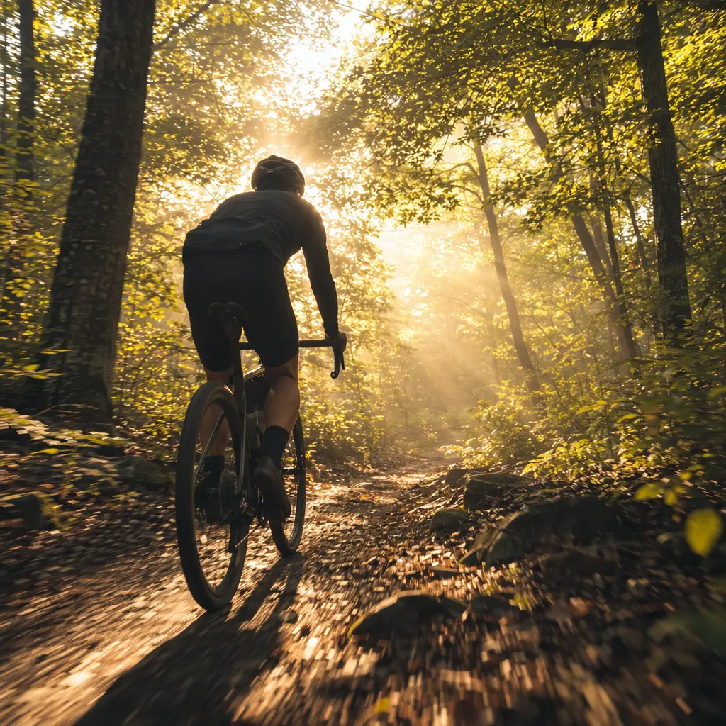 Gravel bike riding through woodland with warm morning sunlight