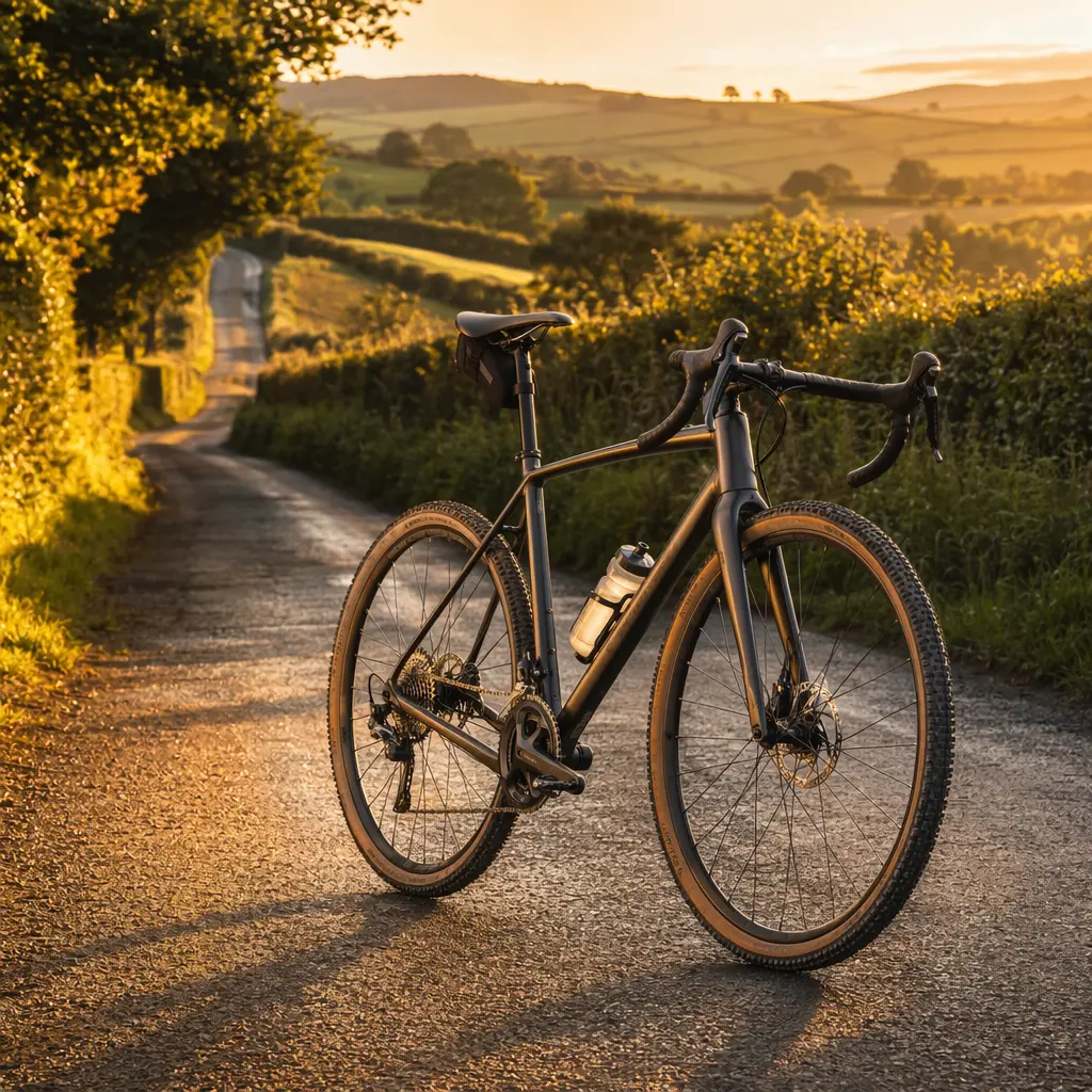 Budget gravel bike riding on a sunlit country lane in warm golden-hour light