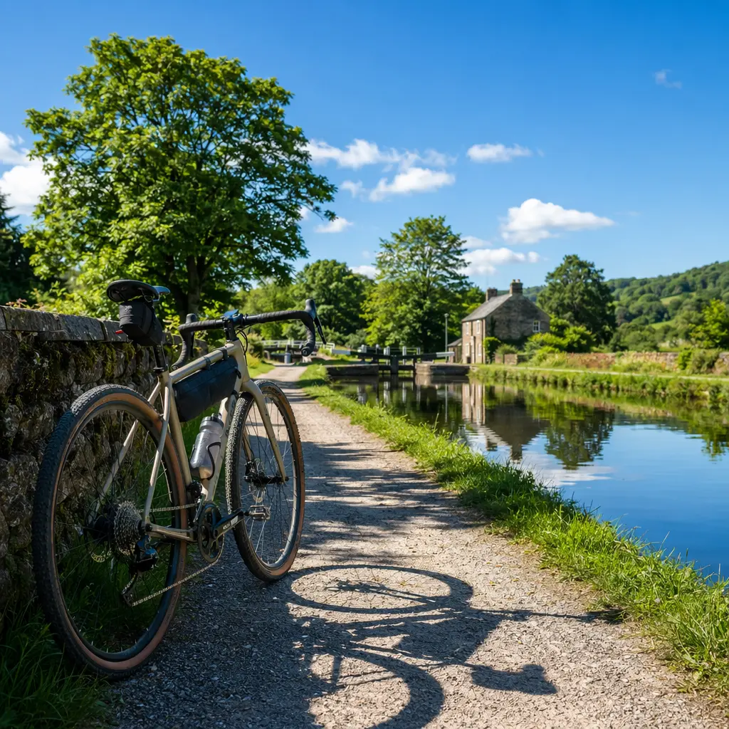 A gravel bike on a canal towpath under a bright blue summer sky.