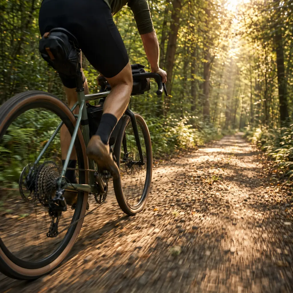 A gravel bike riding through woodland on a sunlit gravel track.