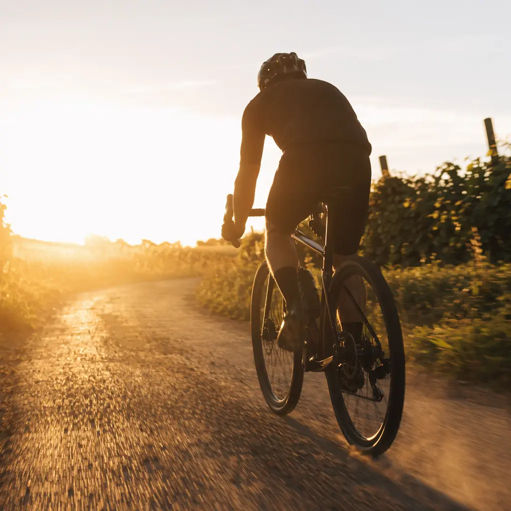 A gravel bike riding along a country lane at golden hour, shown as a rider silhouette from behind.