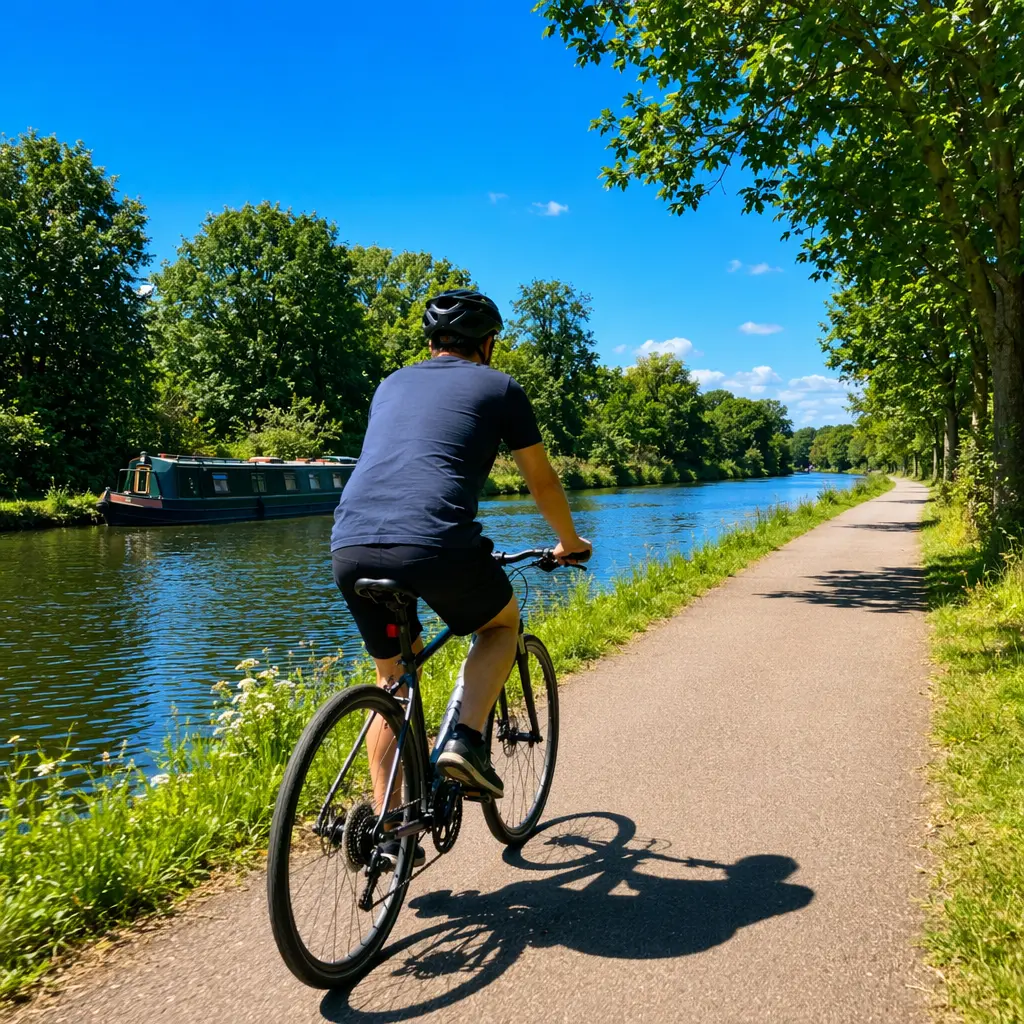 Hybrid bike cruising on a bright summer day beside a canal