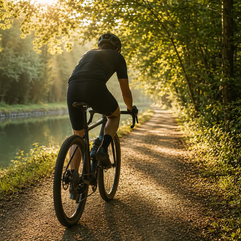 Gravel bike handling a shaded gravel section of canal path
