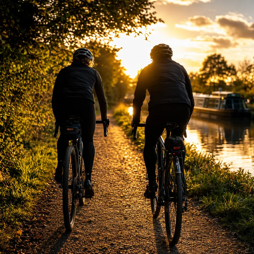Gravel and hybrid bikes being ridden along a sunlit canal towpath