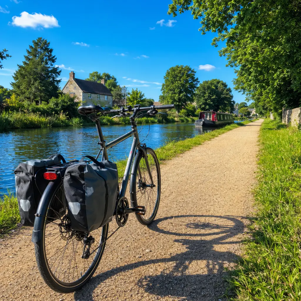 Hybrid bike on a sunny canal towpath with panniers