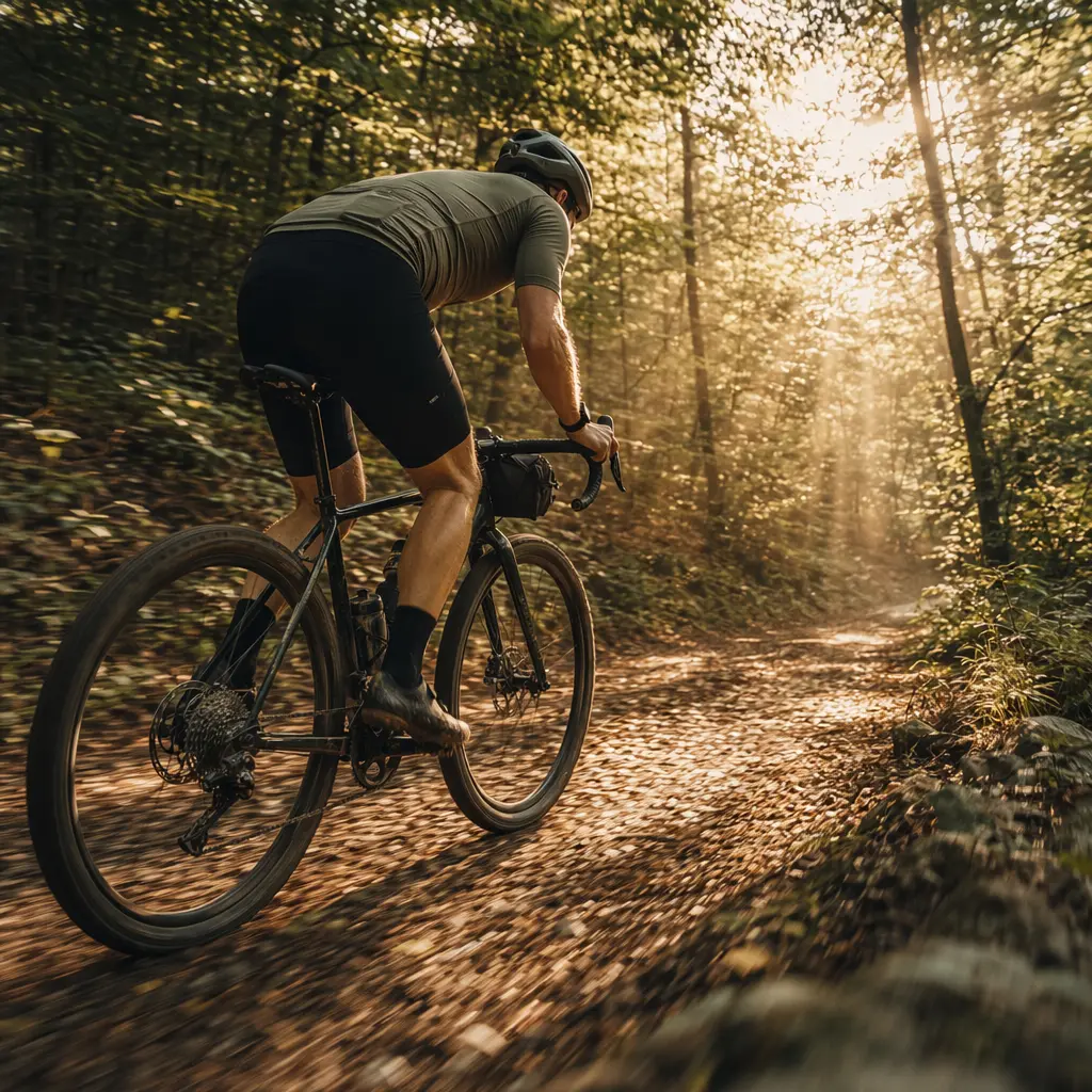 Gravel bike riding through woodland in warm morning light
