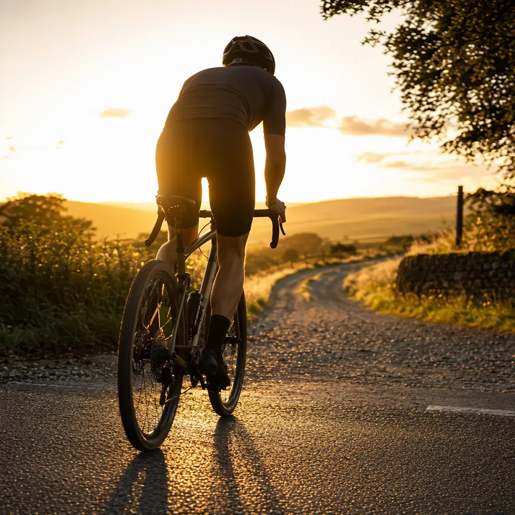 Silhouette of a cyclist choosing between road and gravel in warm evening light