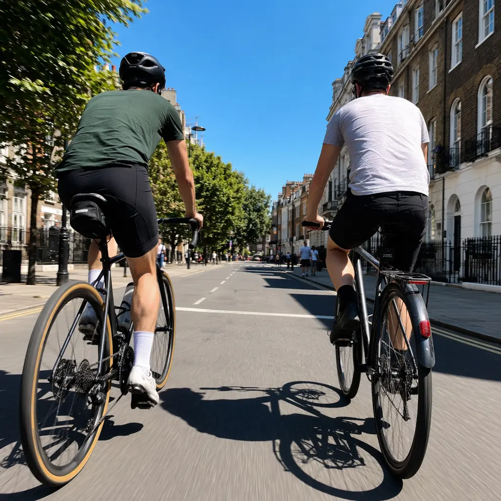 Gravel bike and commuter bike riding through a sunny UK town street