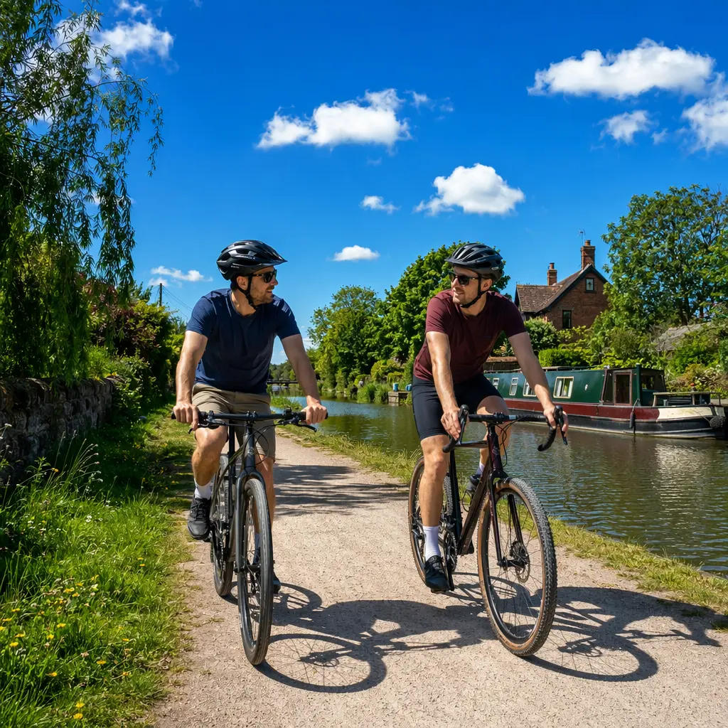 Hybrid and gravel bikes riding together on a sunny canal towpath