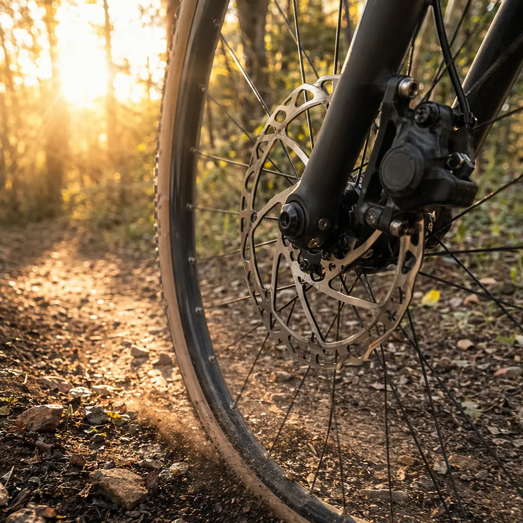 Close-up of a budget disc brake and wide tyre on a sunlit woodland path