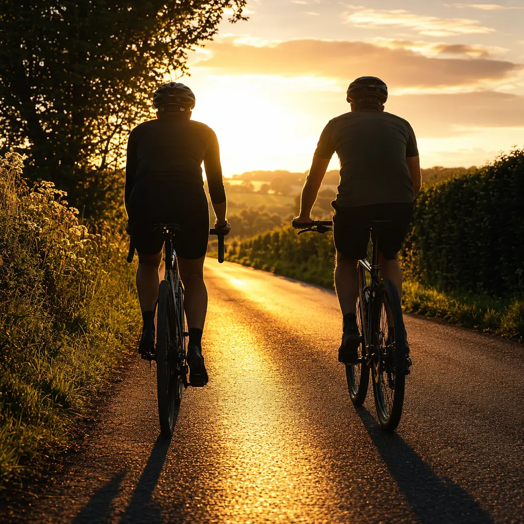 Silhouetted riders on gravel and hybrid bikes comparing pace on a sunny UK country lane