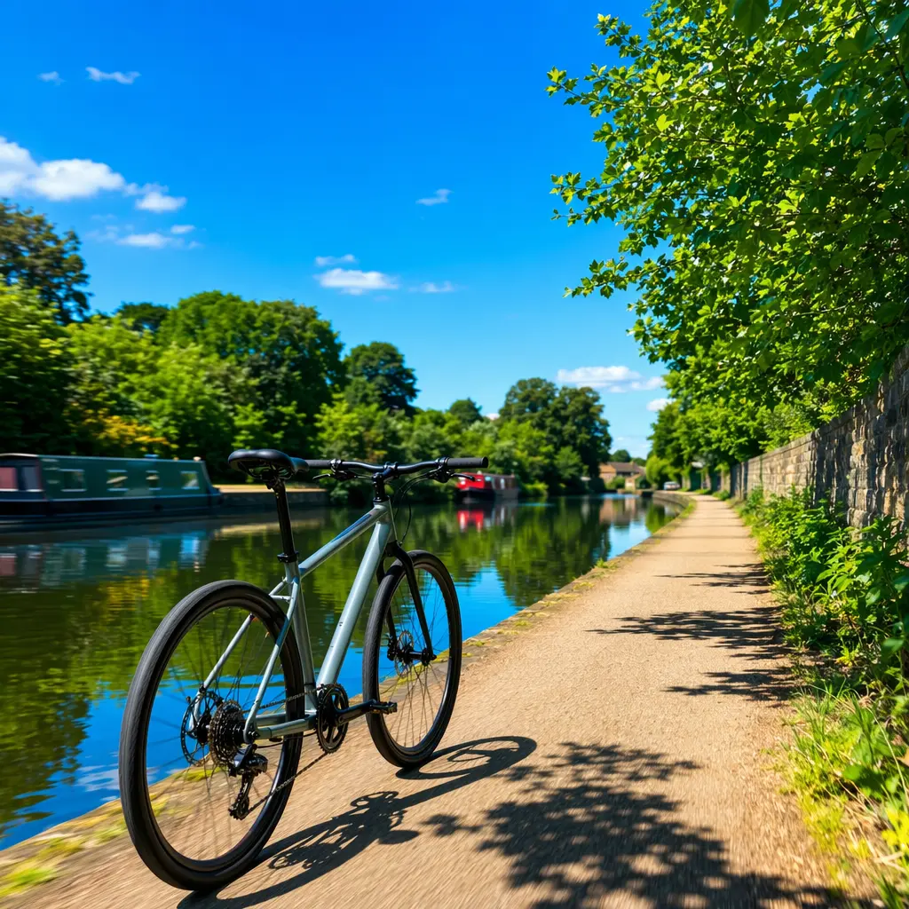 Hybrid bike being ridden along a sunny canal towpath under a bright blue sky