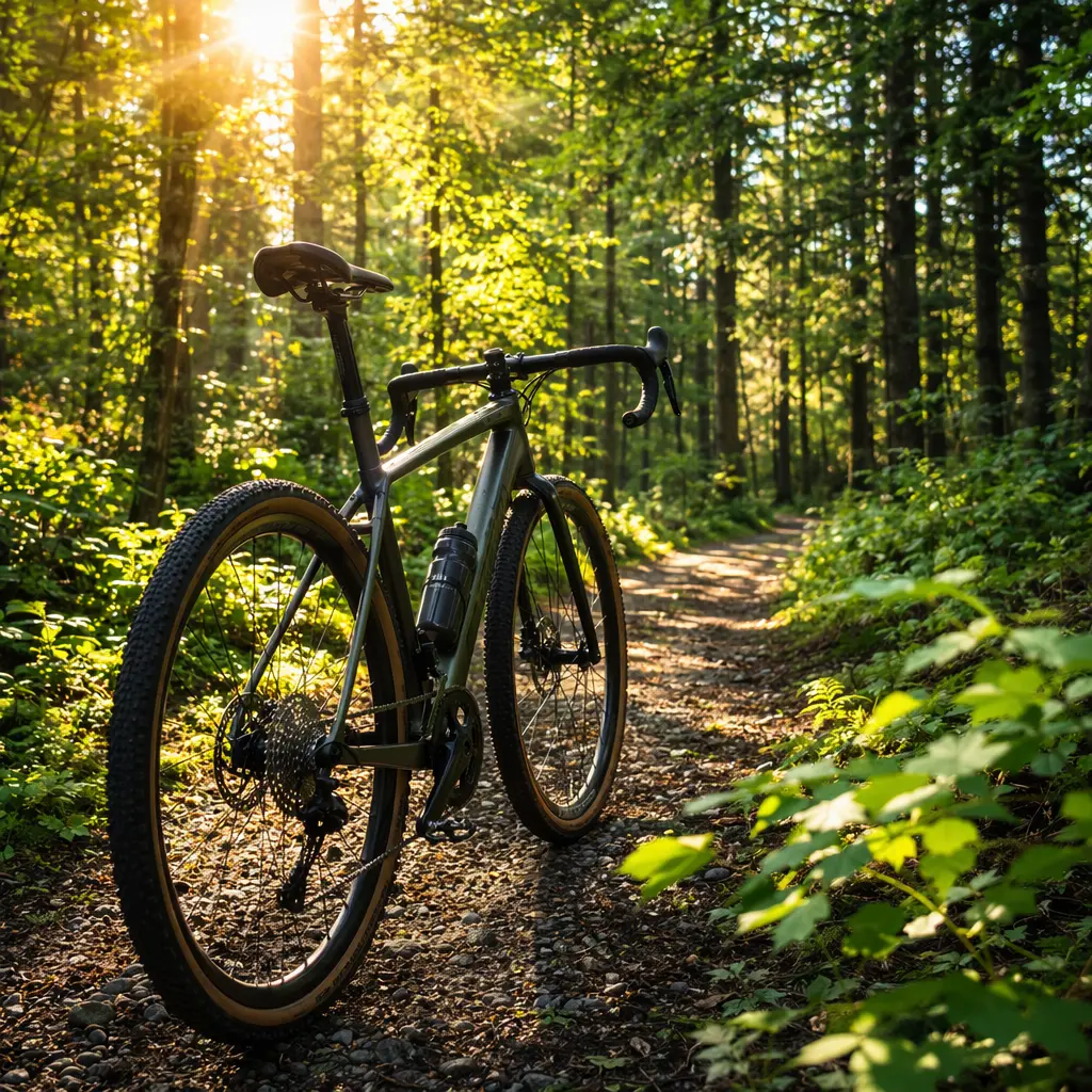 Gravel bike on a sunlit woodland track with warm morning light