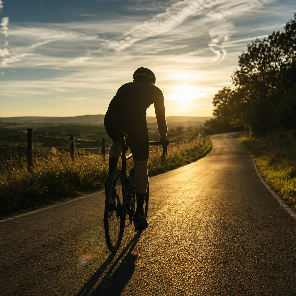 Silhouetted cyclist riding a drop-bar bike on a sunlit country lane at golden hour