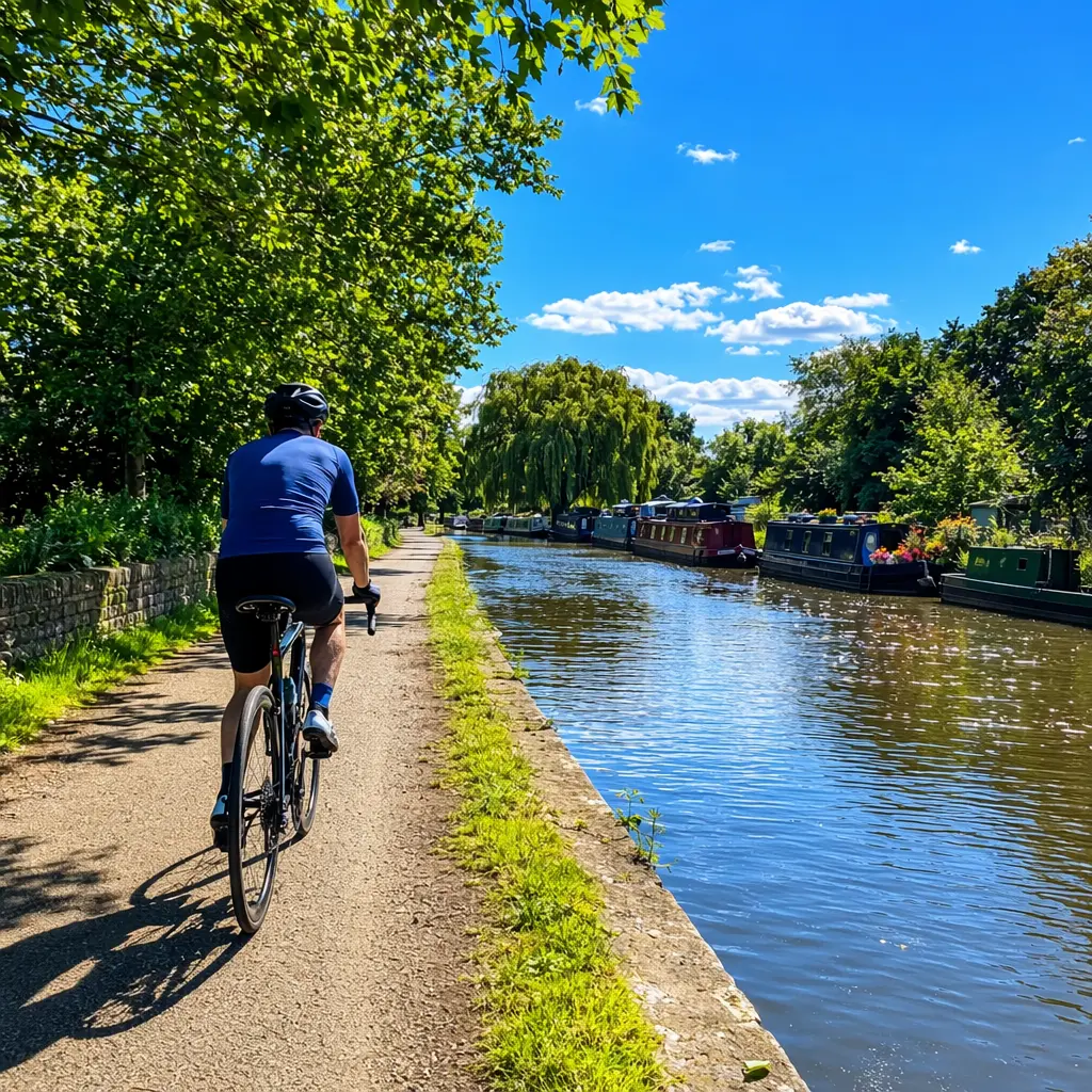 Cyclist riding along a sunny canal towpath in summer