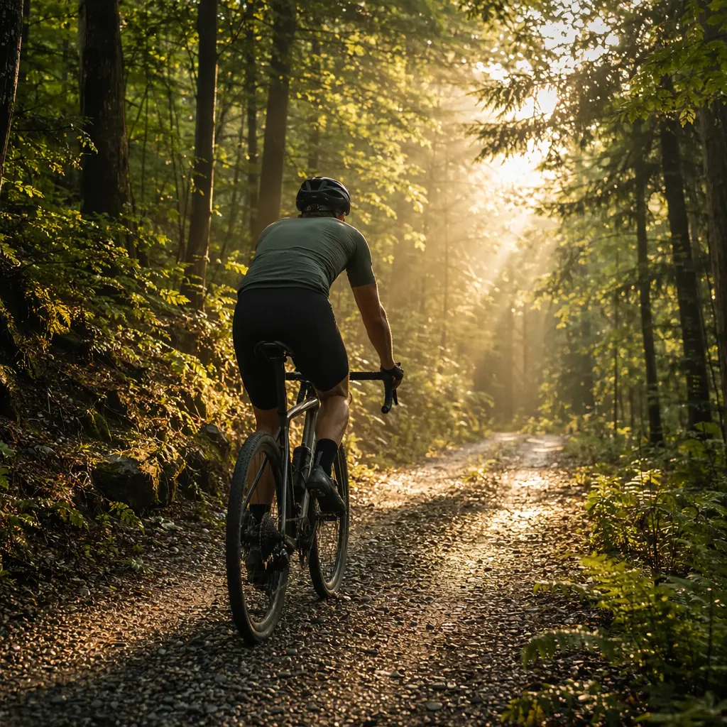 Gravel bike riding through woodland in warm morning sunlight