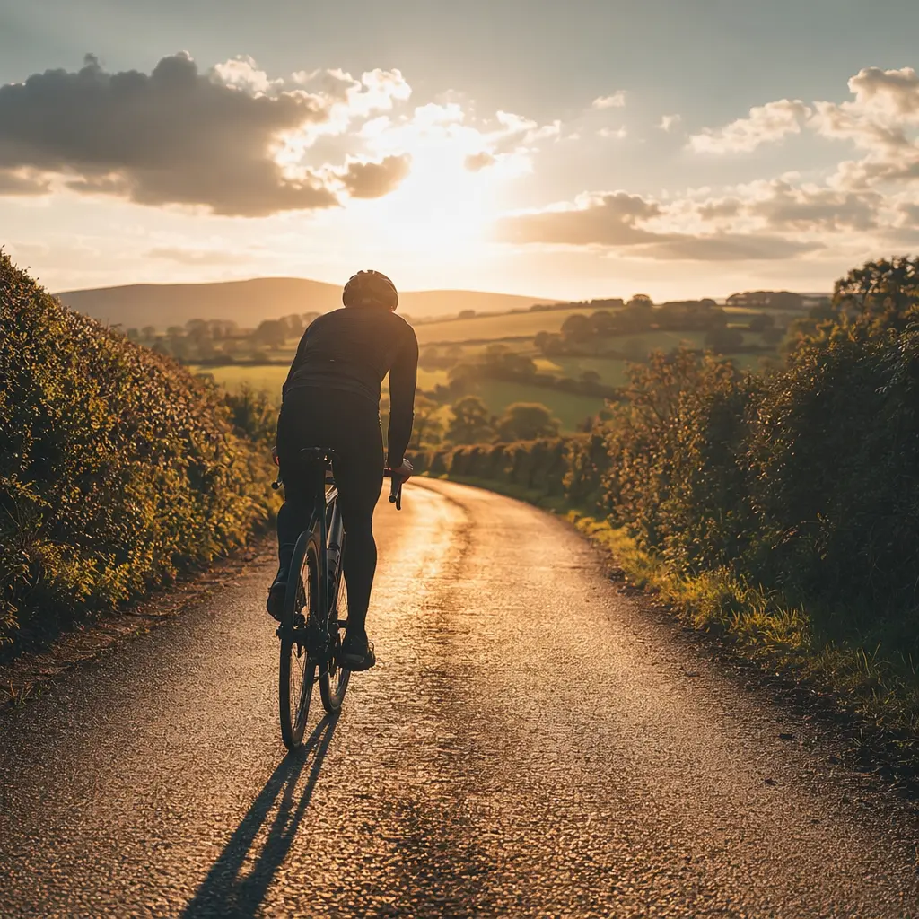 Rider silhouette on a country lane at golden hour, illustrating weekend cycling in the UK
