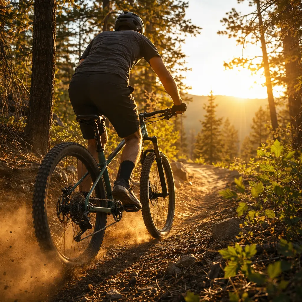 A hardtail mountain bike on a woodland trail at sunset, rider silhouetted from behind