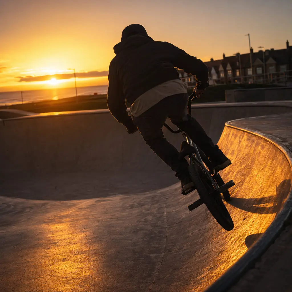 Silhouetted rider on a freestyle BMX at a skatepark during golden hour