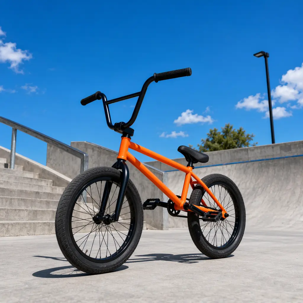 Old-school BMX bike under a bright summer sky at a skatepark