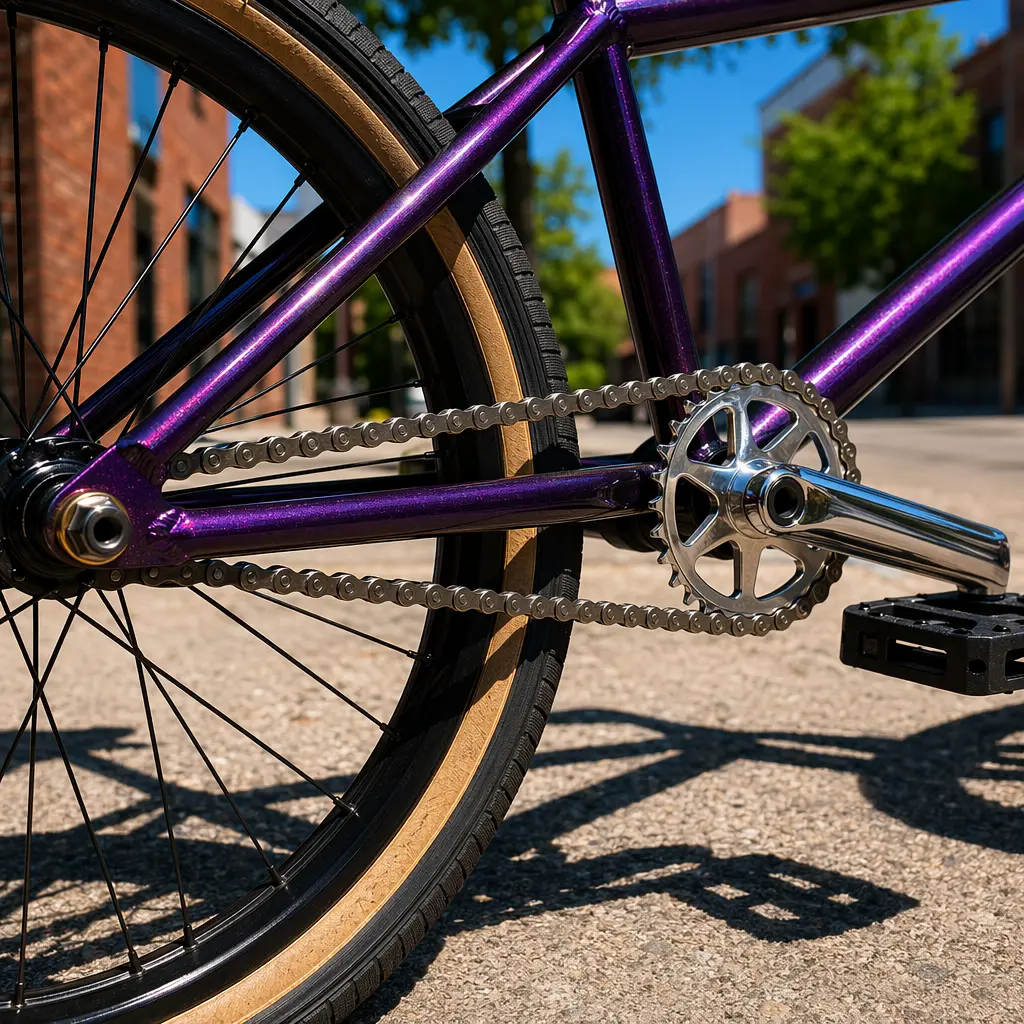 Detailed view of a BMX bike’s rear wheel and drivetrain in bright light