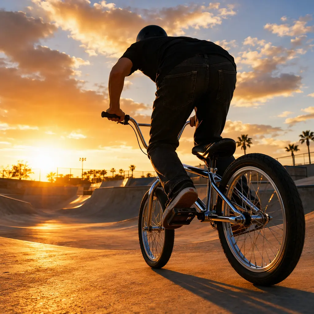 Classic-style BMX being ridden hard at a skatepark in warm golden light