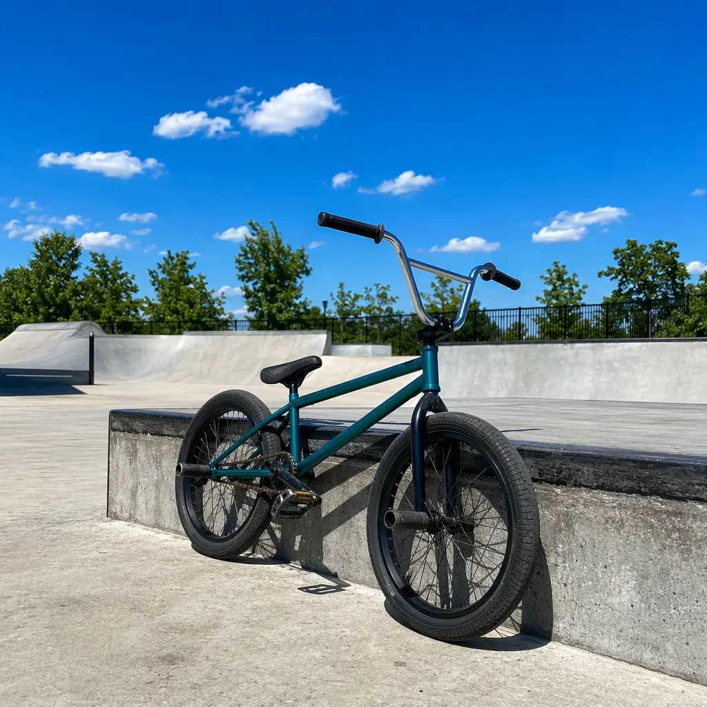 Compact BMX bike resting against a sunlit skatepark ledge under a bright blue sky