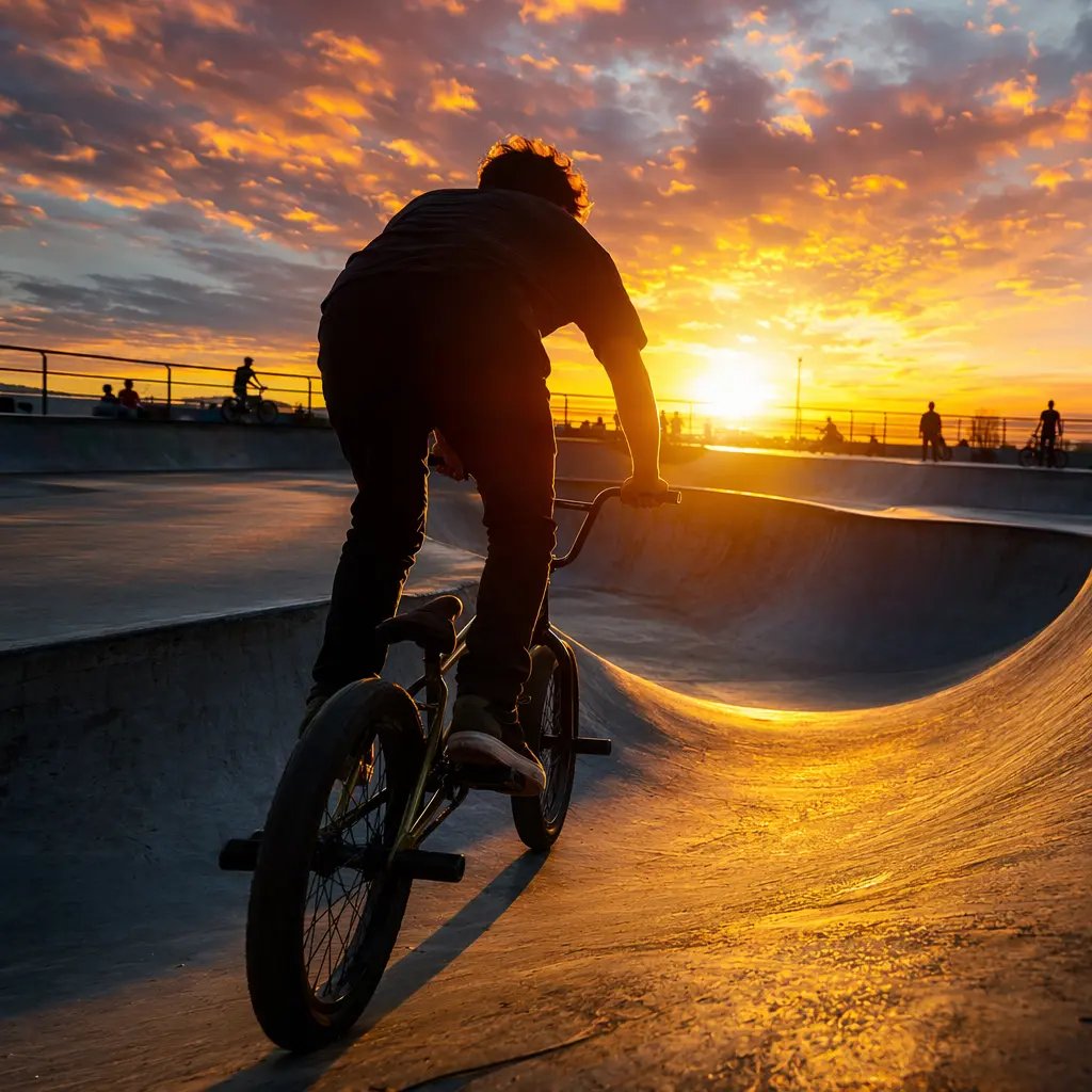 Silhouetted BMX rider entering a skatepark bowl on a compact freestyle bike at golden hour