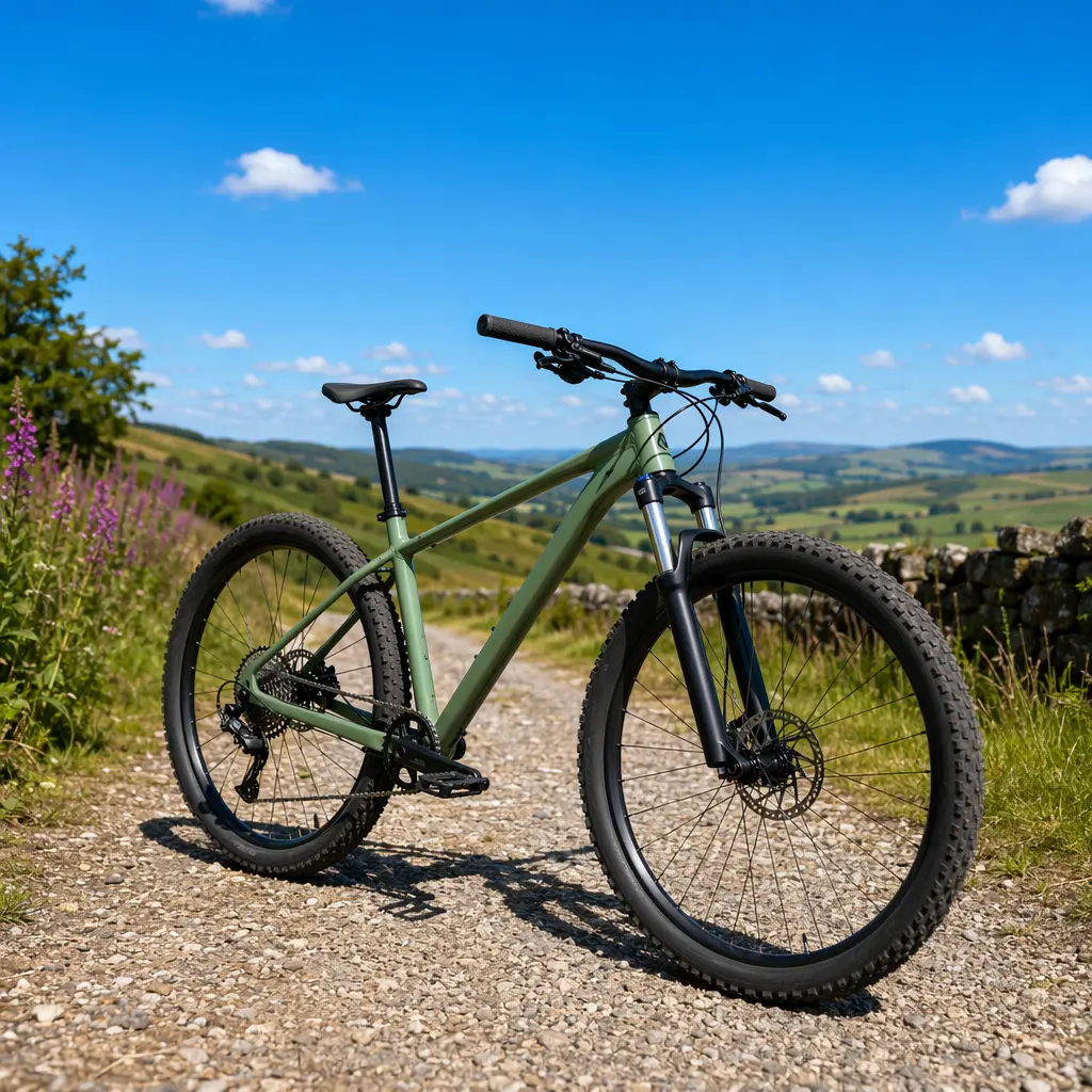 Hardtail mountain bike in bright summer light on a gravel track