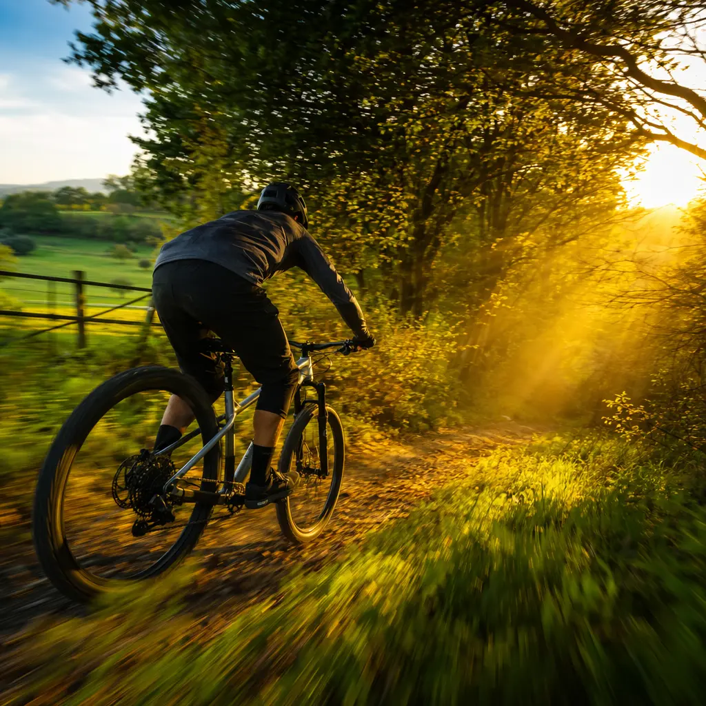 Hardtail mountain bike riding into woodland in warm morning light