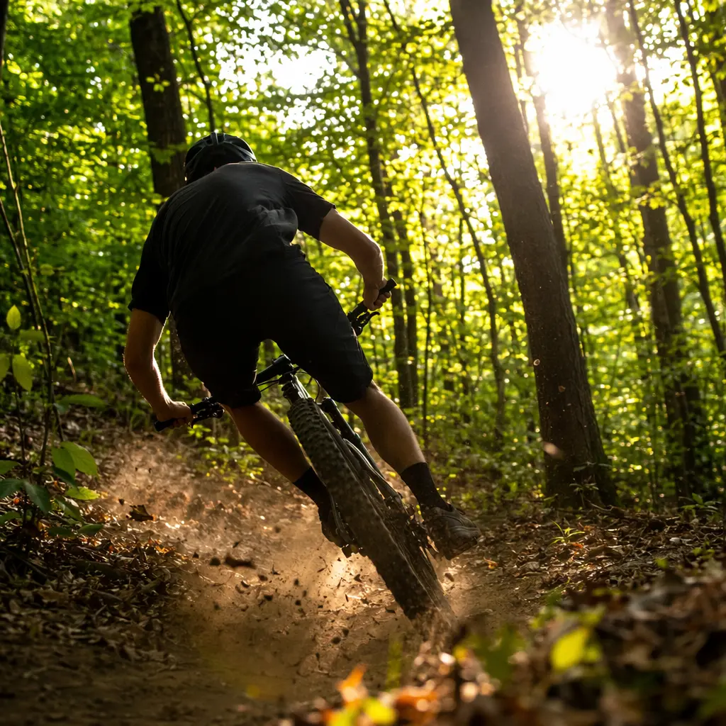 Hardtail mountain bike on a woodland trail in bright, dramatic backlight
