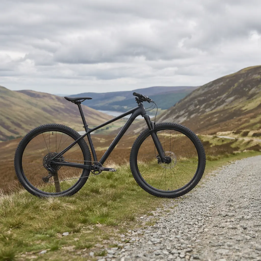 Hardtail mountain bike beside a gravel track in the UK countryside