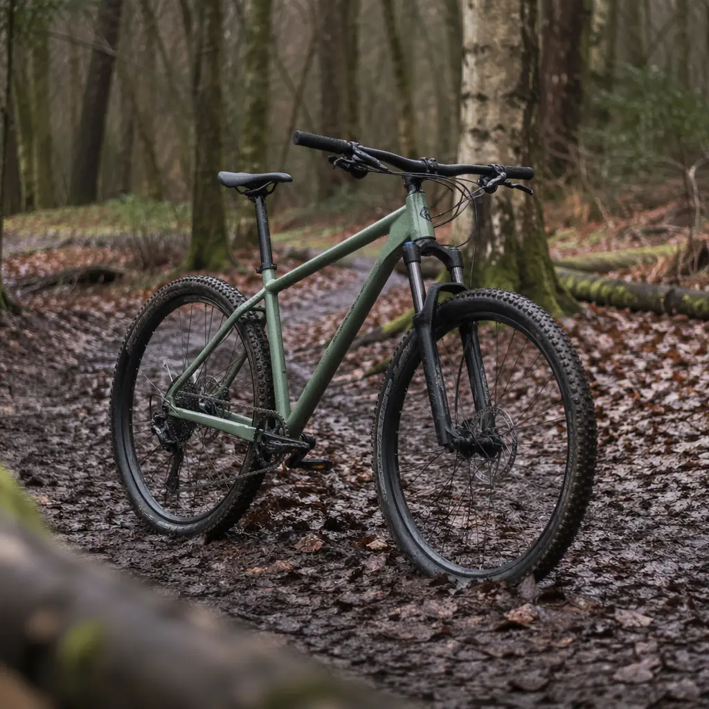 Modern hardtail mountain bike on a UK woodland trail in soft natural light